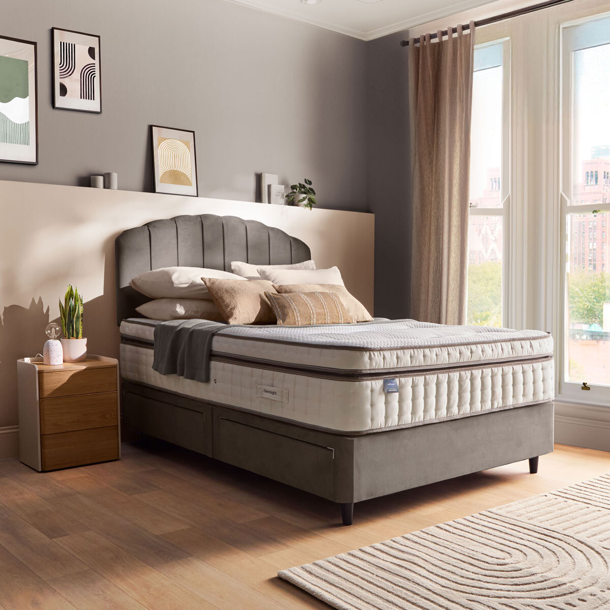 Silentnight Velvet 4 Drawer Divan Base with Merlin Headboard in Charcoal in 3 Sizes