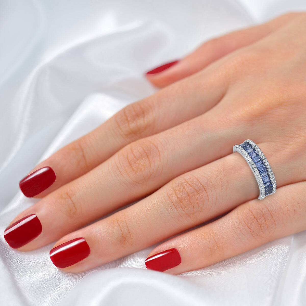 Baguette Cut Blue Sapphire & 0.22ctw Diamond Ring, 18ct White Gold