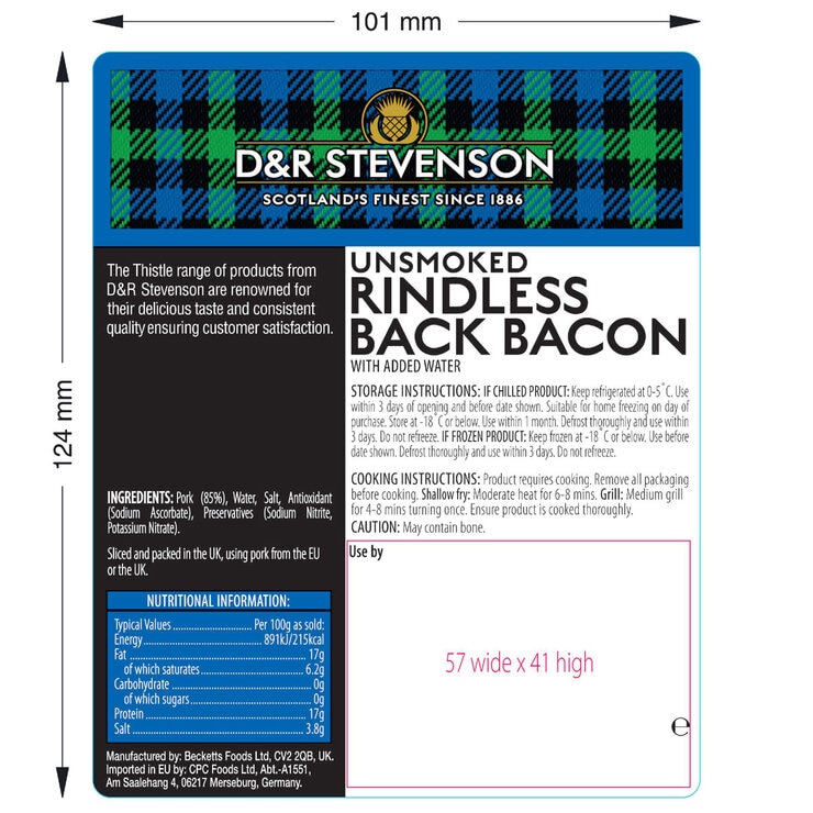 D&R Stevenson Unsmoked Catering Bacon, 2.27kg