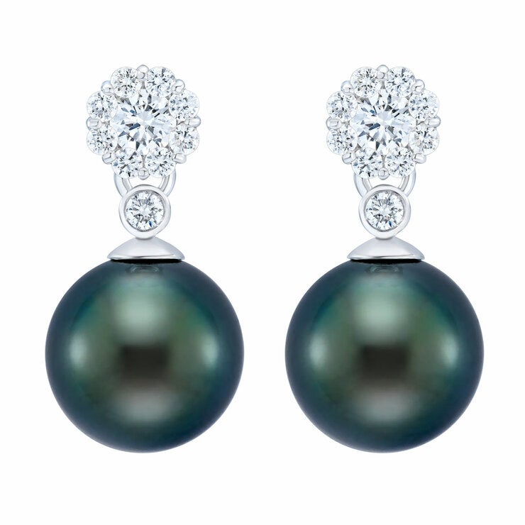 8-9mm Tahitian Pearl & 0.45ctw Diamond Earrings, 14ct White Gold 8-9mm Tahitian Pearl & 0.45ctw Diamond Earrings, 14ct White Gold