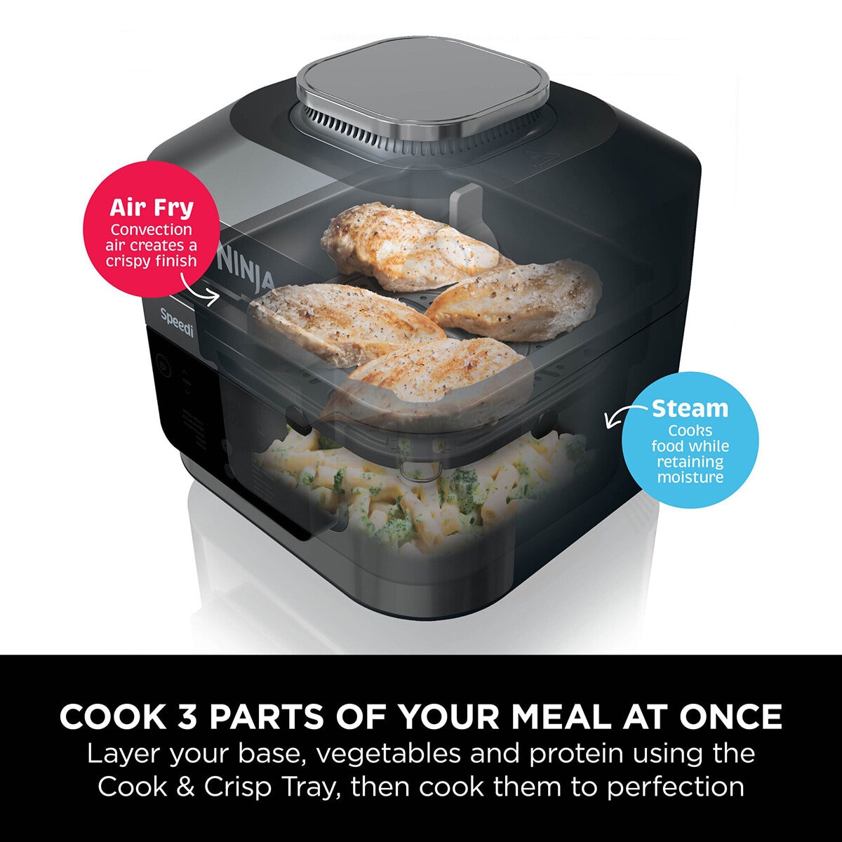 Lifestyle image showing meal being cooked in 3 parts in the multi cooker Lifestyle image showing meal being cooked in 3 parts in the multi cooker