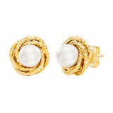 7-7.5mm Cultured Freshwater White Pearl Love Knot Earrings, 14ct Yellow Gold