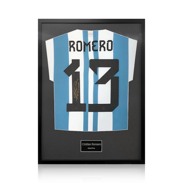 Christian Romero Signed Framed Argentina Football Shirt in 2 Options: White or Black Mount