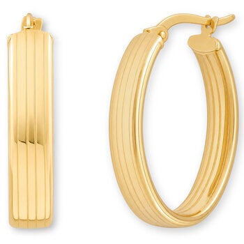 14ct Yellow Gold Line Texture Oval Hoop Earrings