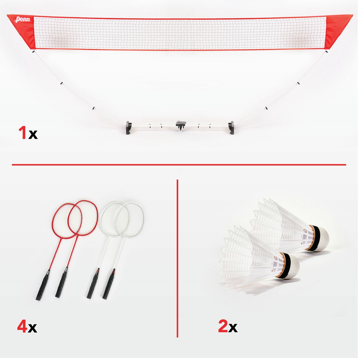 Studio image of the included net, shuttlecocks and rackets