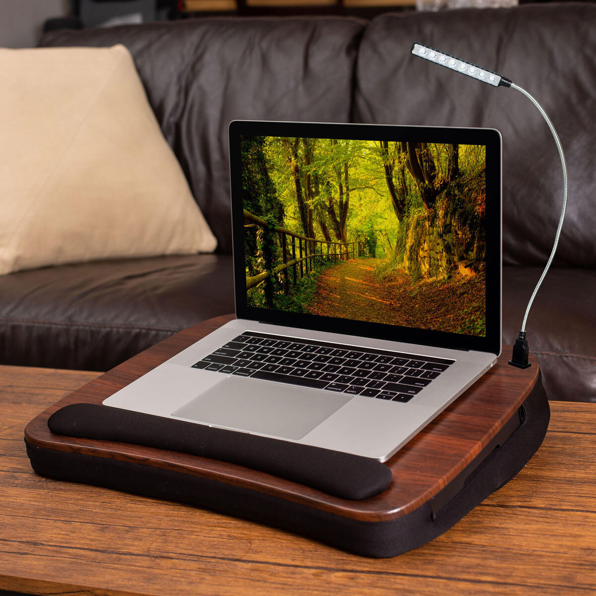 Birdrock Multi-Tasking Lap Desk with Mouse Deck and Light in Brown