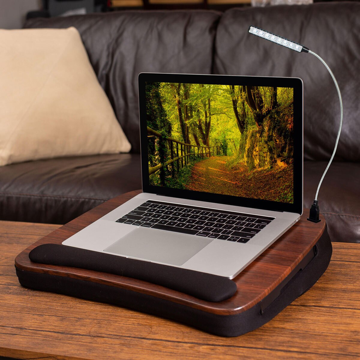Birdrock Multi-Tasking Lap Desk with Mouse Deck and Light in Brown