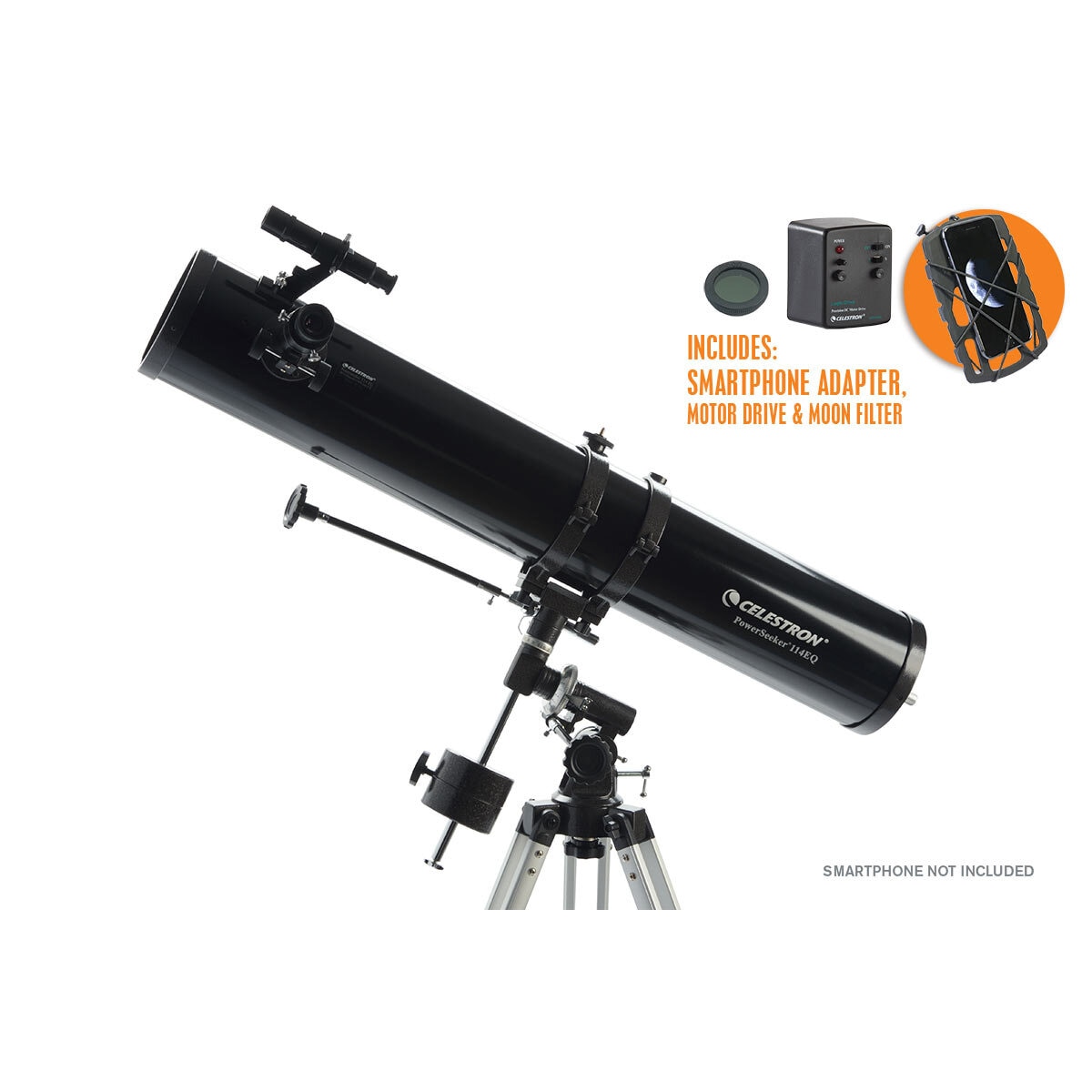 Celestron Powerseeker 114EQ Telescope with Motor Drive, Phone Adapter and Moon Filter