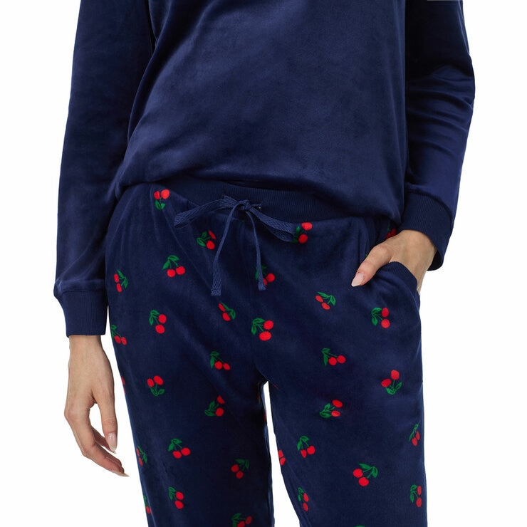 Jane & Bleecker Women's Silky Plush Pyjama Set in Navy Cherries