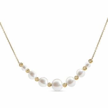 4-8.5mm Cultured Freshwater White Pearl & Gold Bead Graduated Necklace, 14ct Yellow Gold