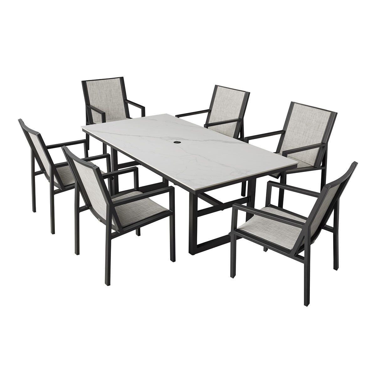 Agio Trinity 7 Piece Sling Dining Patio Set with Sintered Stone Table Top + Cover