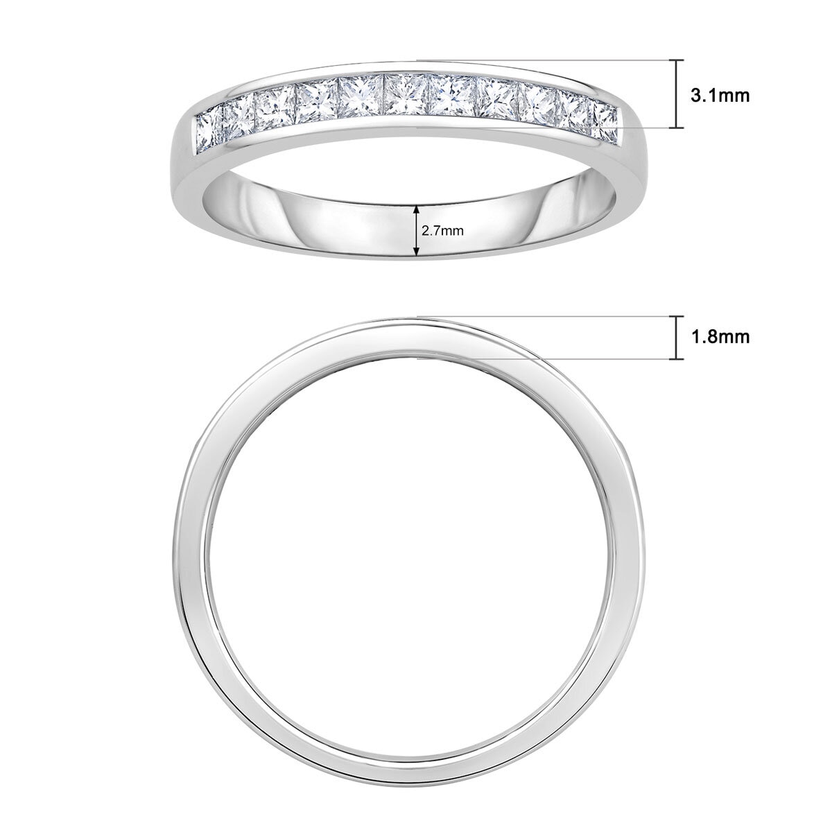 0.50ctw Princess Cut Diamond Half Eternity Ring, 18ct White Gold