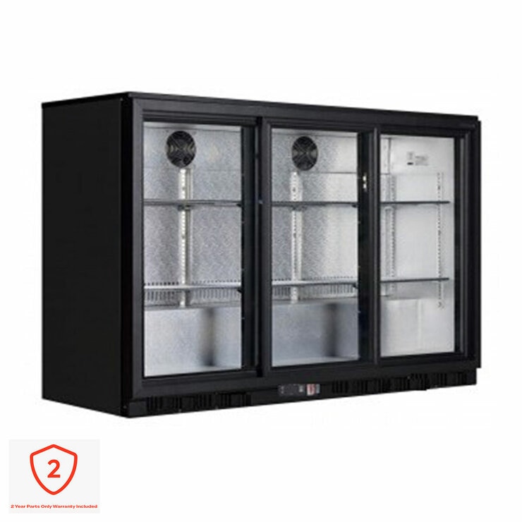 Contender RRG023 320L Commercial Sliding Triple Door Bottle Cooler, C Rated in Black Contender RRG023 320L Commercial Sliding Triple Door Bottle Cooler, C Rated in Black