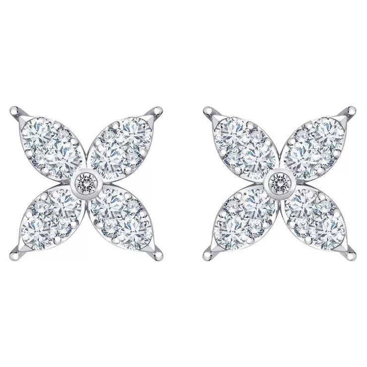0.90ctw Flower Stud Diamond Earrings, 14k White Gold