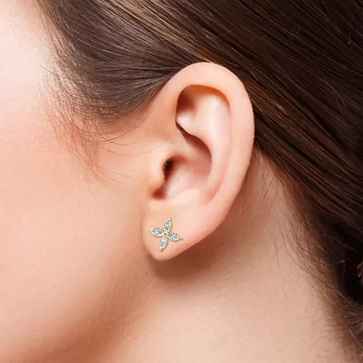 0.90ctw Flower Stud Diamond Earrings, 14k Yellow Gold