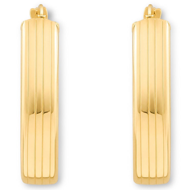 14ct Yellow Gold Line Texture Oval Hoop Earrings