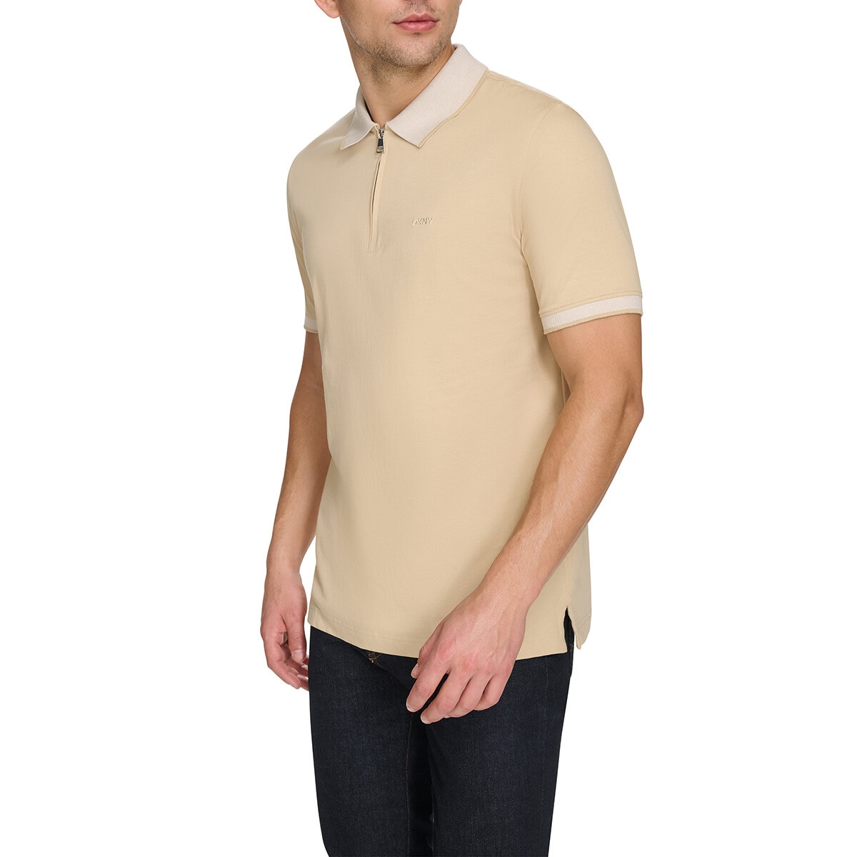 DKNY Men's Zip Collar Polo in Beige, Medium