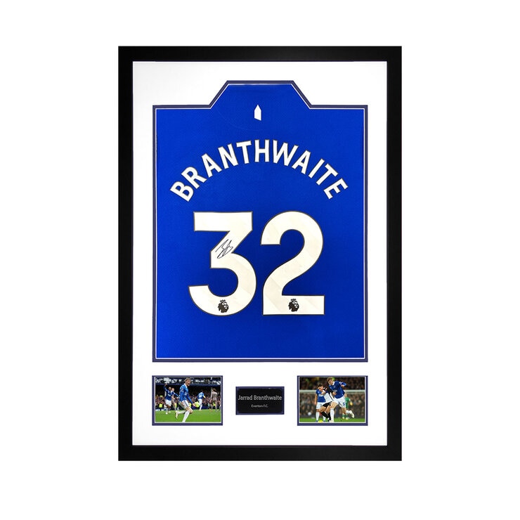 Jarred Branthwaite Signed Framed Everton 24/25 Football Shirt including 2 Photos Jarred Branthwaite Signed Framed Everton 24/25 Football Shirt including 2 Photos