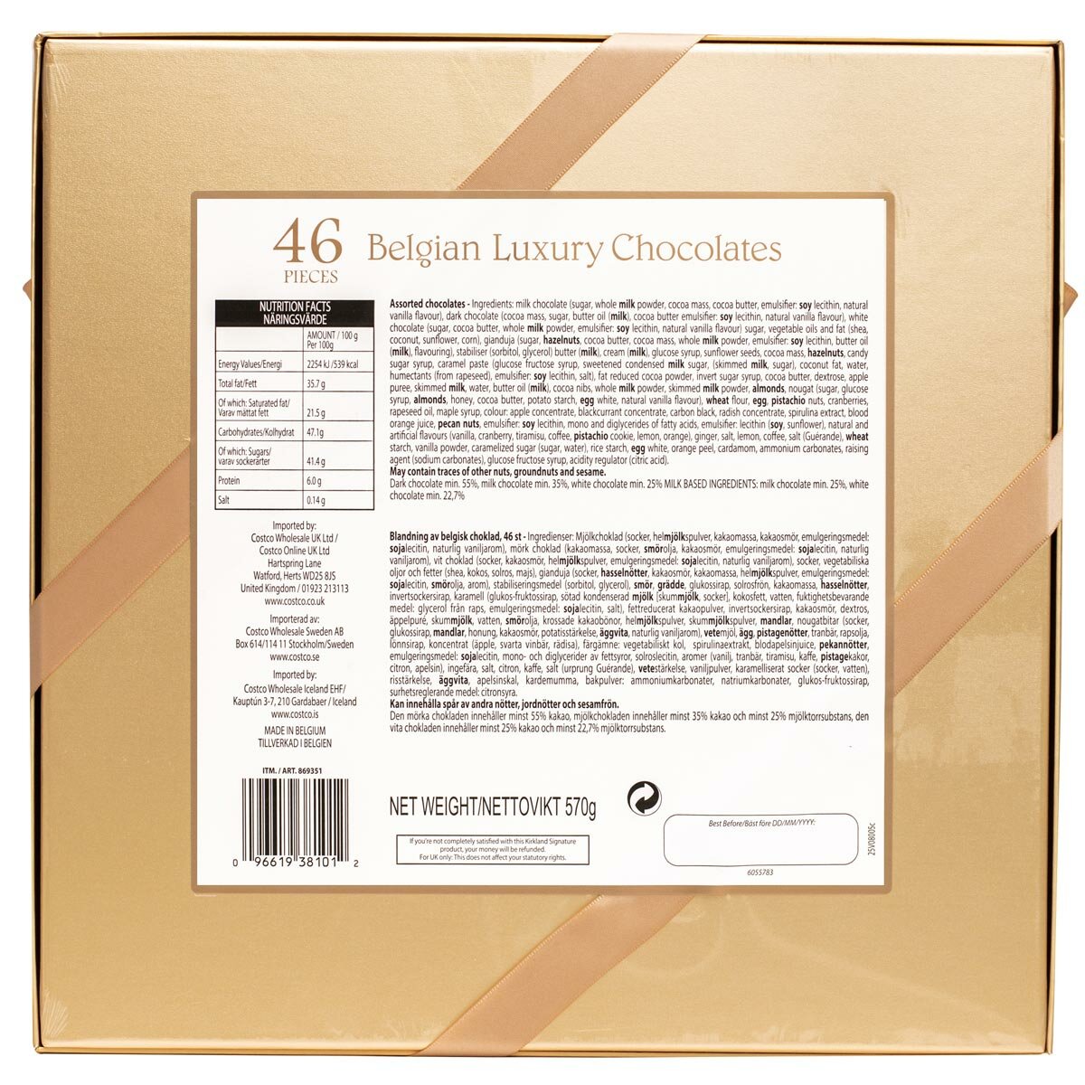 Kirkland Signature Luxury Belgian Chocolates in Gold Gift Box, 570g
