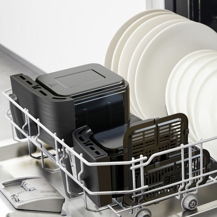 Tefal Easy Fry Dual Air Fryer with attachments in dishwasher