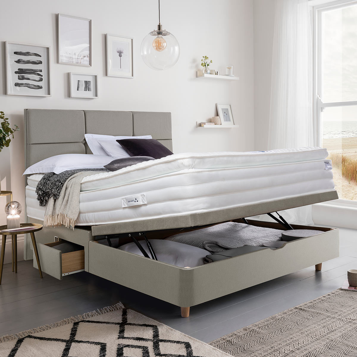Silentnight Ottoman Divan Base with Harper Headboard in Sandstone, Super King Costco UK