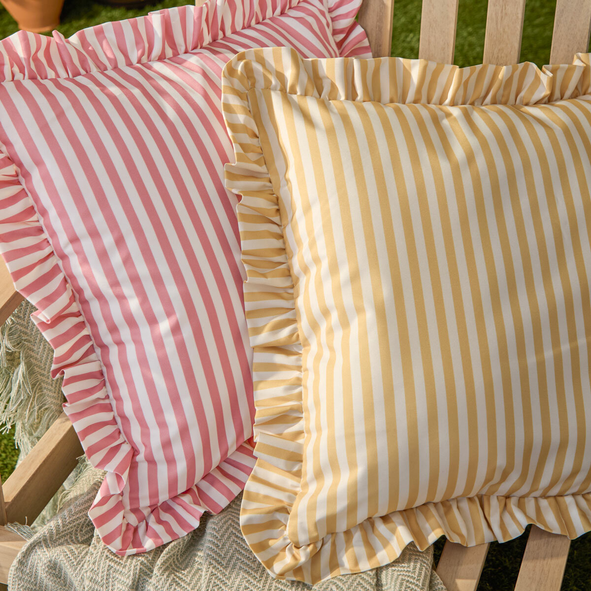 Wylder Millie Ruffle Pink Striped Indoor Outdoor Cushion, 50 x 50 cm