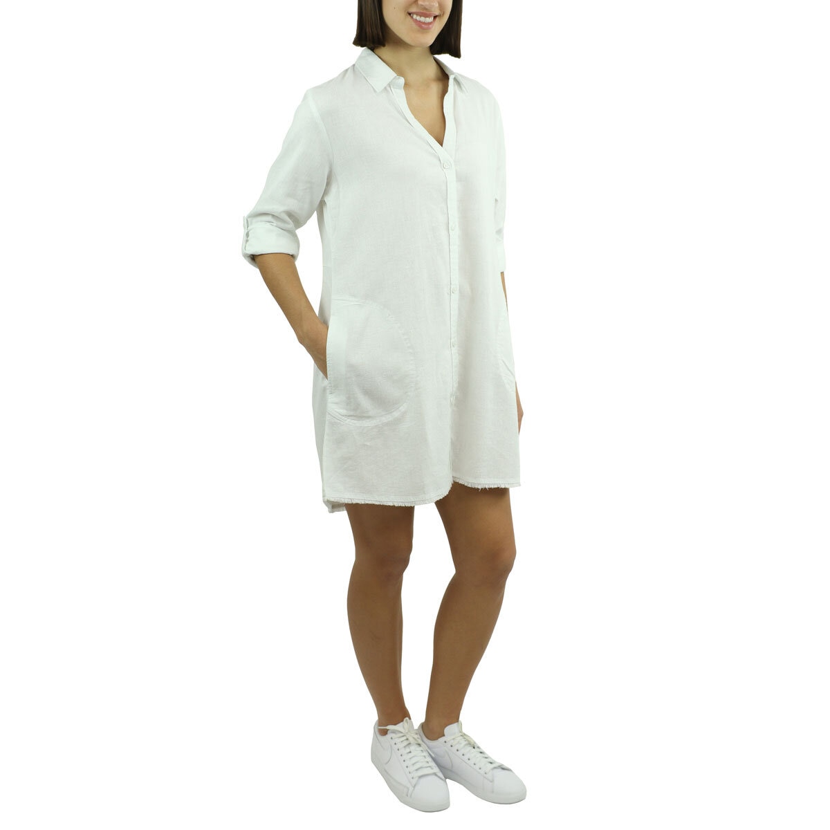 Jachs Ladies Roll Sleeve Linen Blend Dress in White