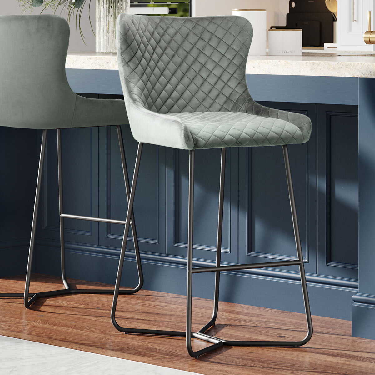 Gala Grey Velvet Quilted Bar Stool, 2 Pack Costco UK
