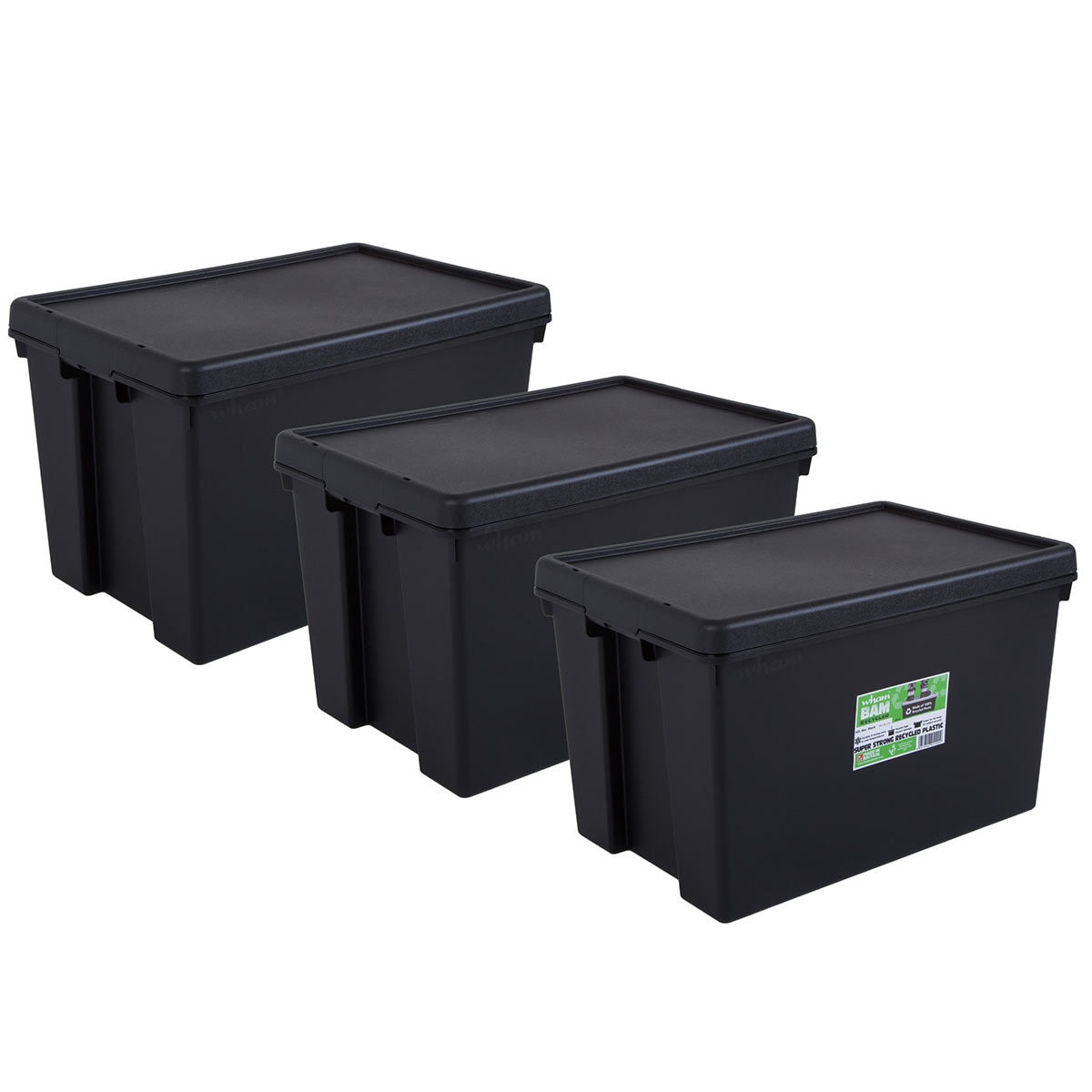 Wham Bam 62 Litre Recycled Heavy Duty Plastic Storage Box & Lid in Black - 3 Pack