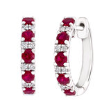 Round Cut Ruby and 0.09ctw Diamond Hoop Earrings, 14ct White Gold