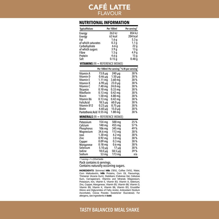 Slimfast Cafe Latte Shakes, 6 x 325ml