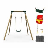 Studio image showing the Plum Ultimate One Person Premium Wood Swing, baby seat, trapeze and Protektamats Studio image showing the Plum Ultimate One Person Premium Wood Swing, baby seat, trapeze and Protektamats