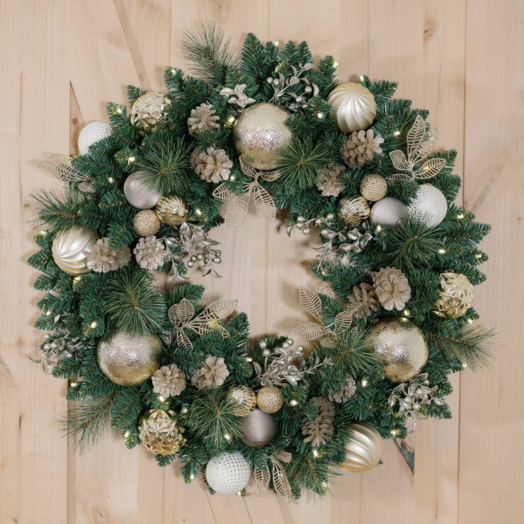 30 inch (76cm) Pre-Lit Decorated Wreath with 50 LED Lights in Metallic 30 inch (76cm) Pre-Lit Decorated Wreath with 50 LED Lights in Metallic