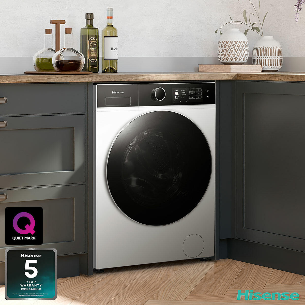 Hisense KitchenFit 5i Series WF5I9043BWFS, 9kg Washing Machine, A Rated in White