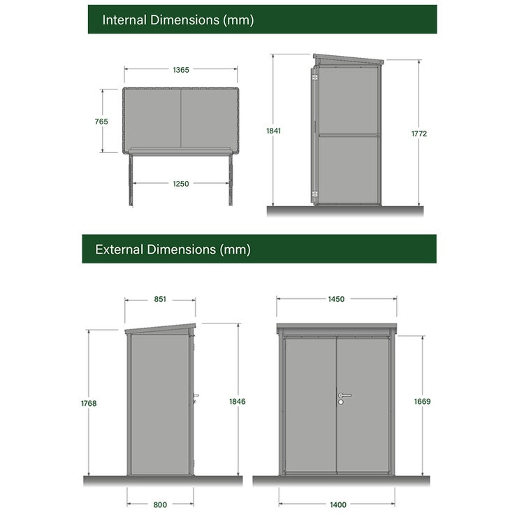 Stone Garden 4ft 7" x 2ft 6" (1.45 x 0.8m) Vertical 1,887 Litre Steel Shed in Green