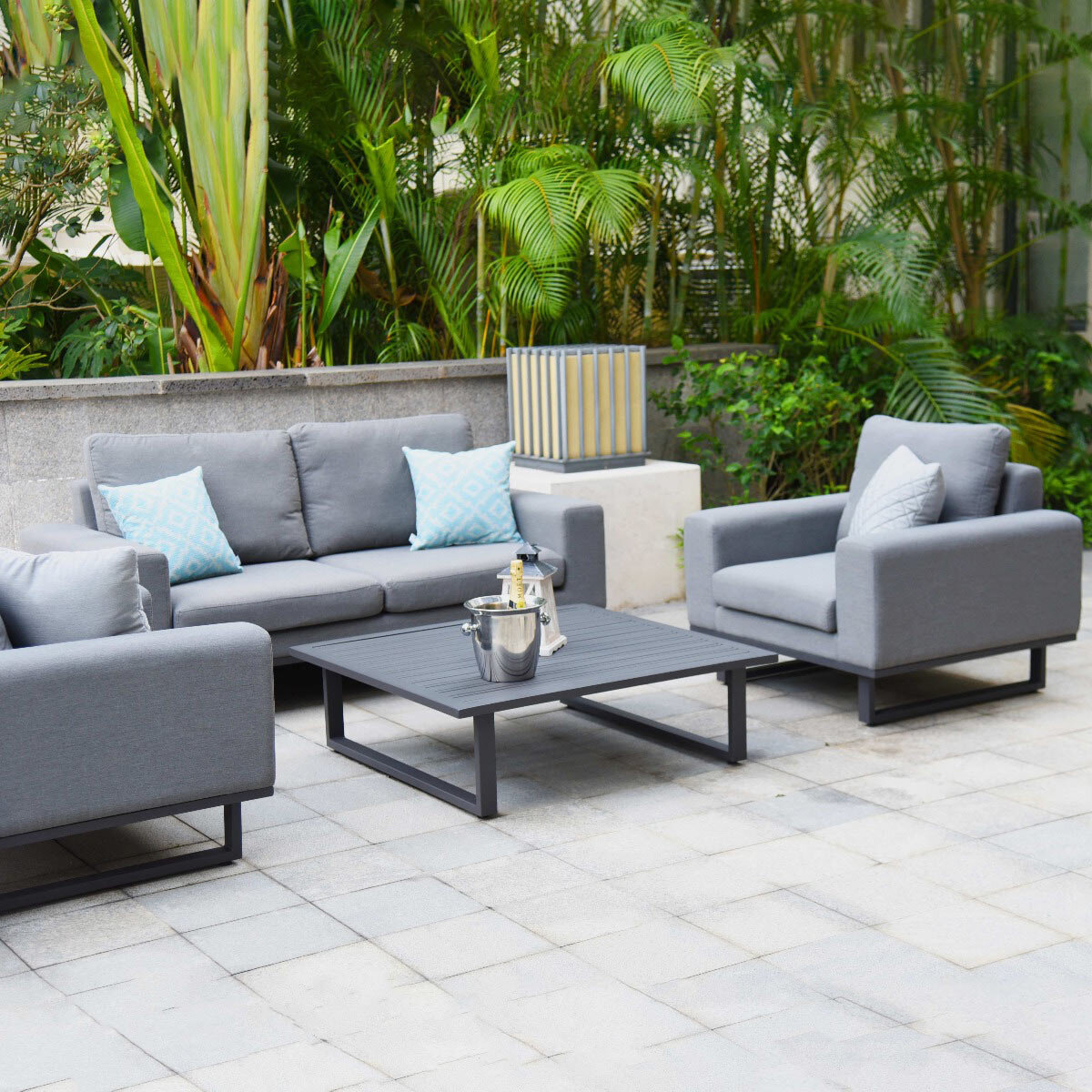 Maze Ethos 4 Piece Deep Seating Patio Set + 10 x 10ft Solar LED Cantilever Umbrella with Base (in Grey)
