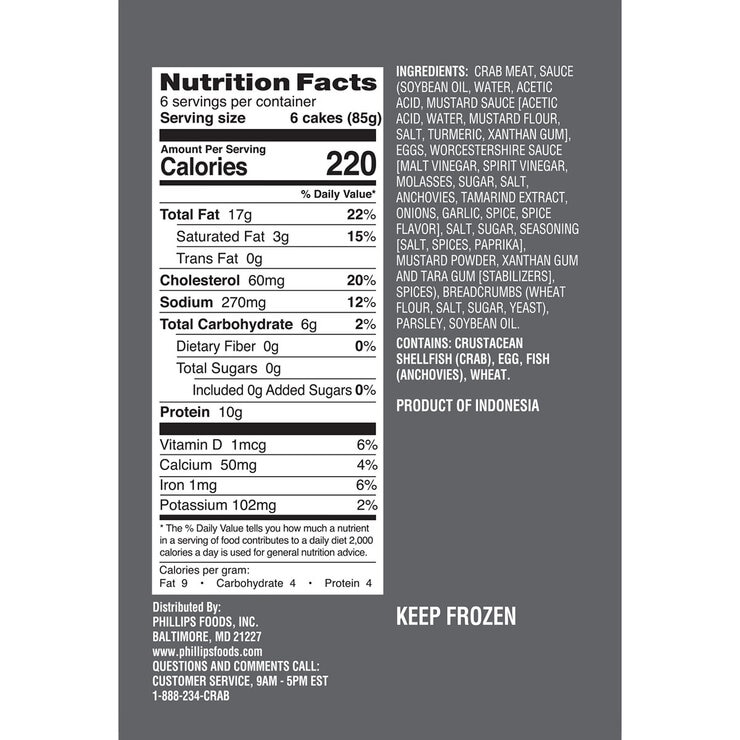 Back of Pack for 36 Pack of Phillips Crab Cake Minis