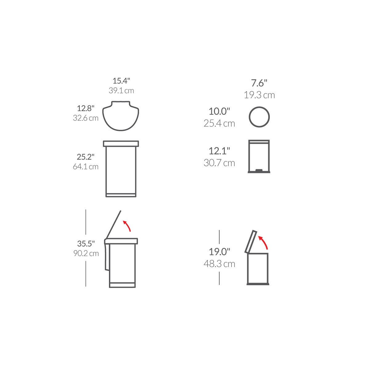 Line drawing of bin on white background with dimensions