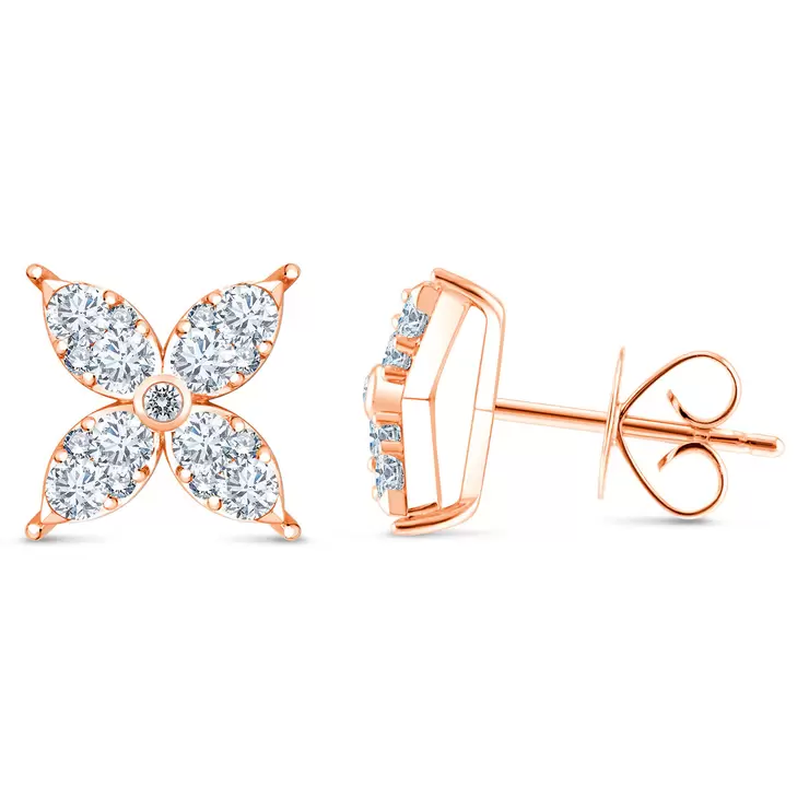 0.90ctw Flower Stud Diamond Earrings, 14k Rose Gold