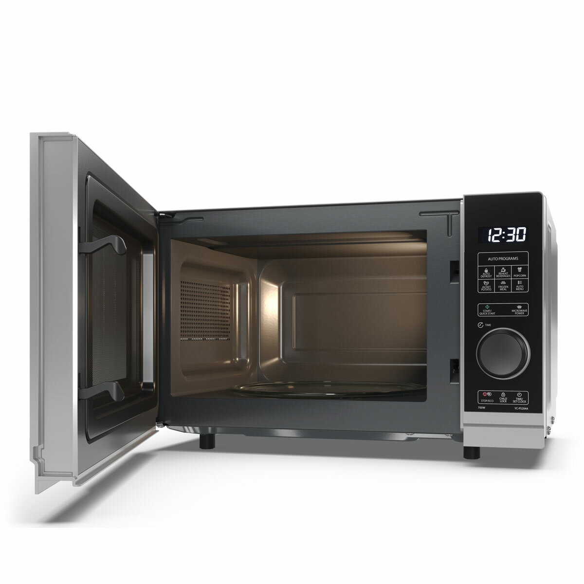 Side Profile of Sharp Compact 20 Litre 700W Solo Digital Microwave with door open Side Profile of Sharp Compact 20 Litre 700W Solo Digital Microwave with door open