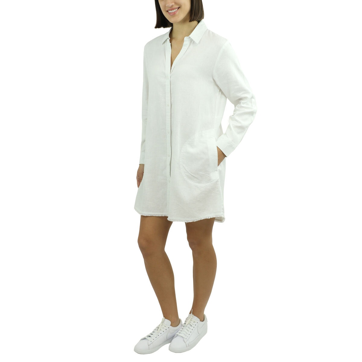 Jachs Ladies Roll Sleeve Linen Blend Dress in White