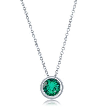 Round Cut Lab Emerald Pendant, 14ct White Gold