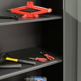 Lifestyle image of open unit with tools on shelves (tools not included)