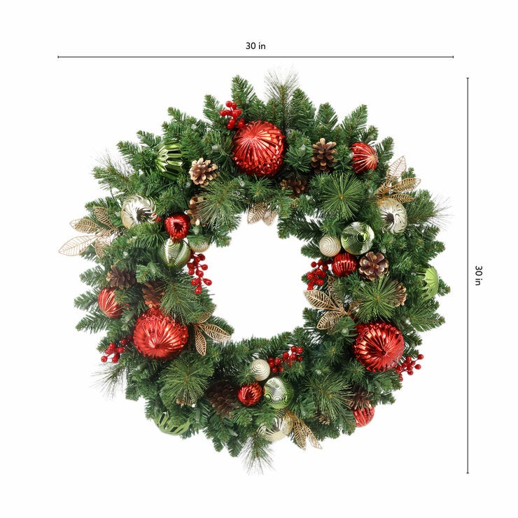 30 inch (76cm) Pre-Lit Decorated Wreath with 50 LED Lights in Red 30 inch (76cm) Pre-Lit Decorated Wreath with 50 LED Lights in Red