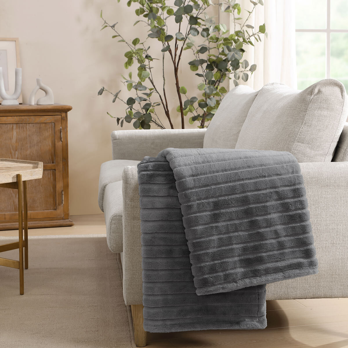 Jennifer Adams Luxe Reversible Faux Rabbit Fur Channel Throw, 152 x 178 cm