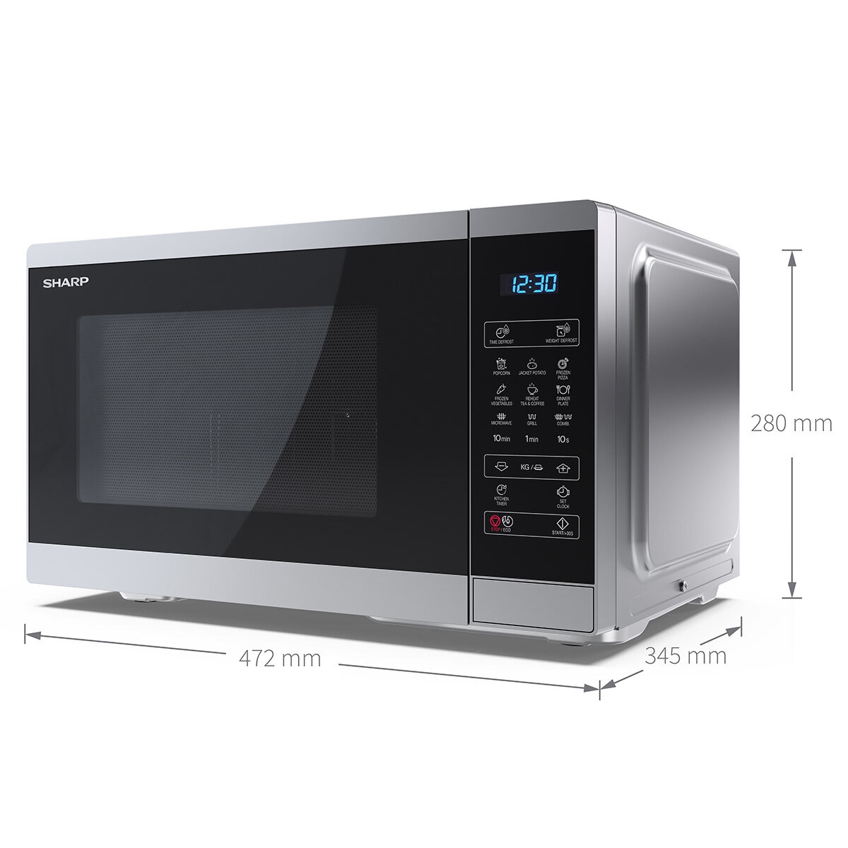 Side Profile of Sharp 28 Litre 900W Digital Microwave with 1100W Grill showing measurement