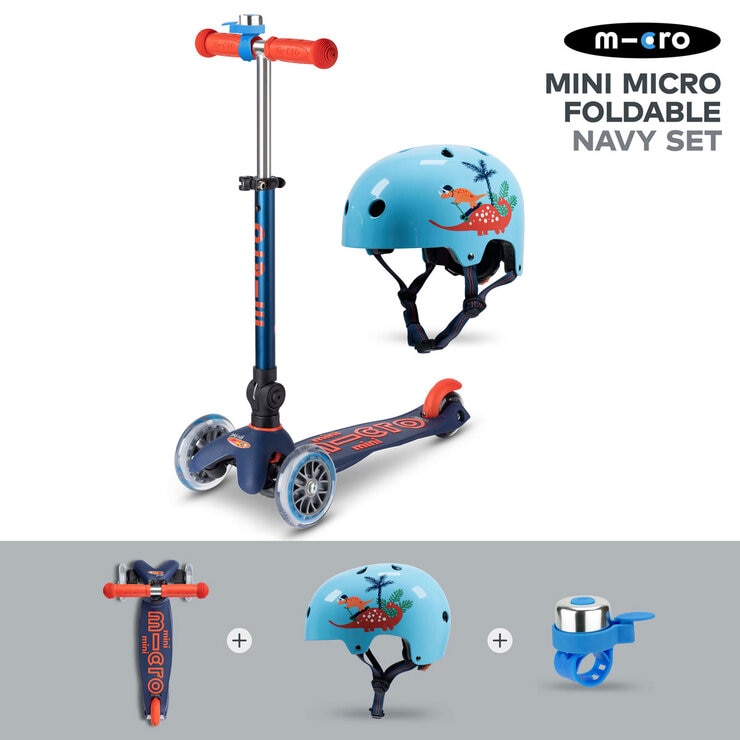 Micro Mini Foldable Navy Scooter with Dino Helmet and Blue Bell (2+ Years)