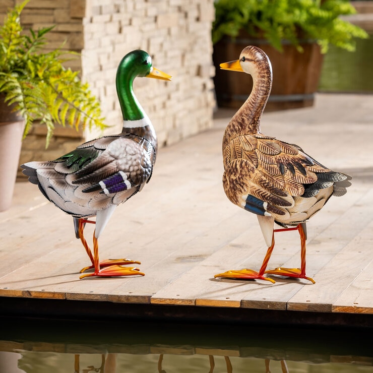 Metal Mallard Duck Statues, Set of 2