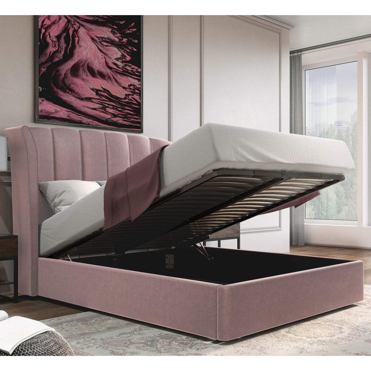 Isabella Pink Velvet Ottoman Bed Frame