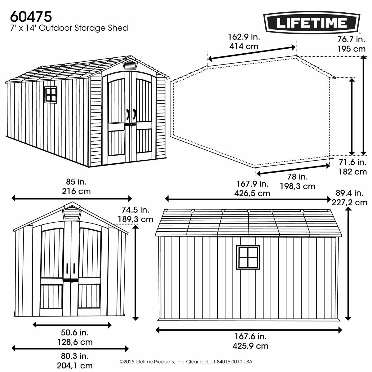 Lifetime 7ft 1" x 14ft (2.16 x 4.27m) Storage Shed - Model 60475